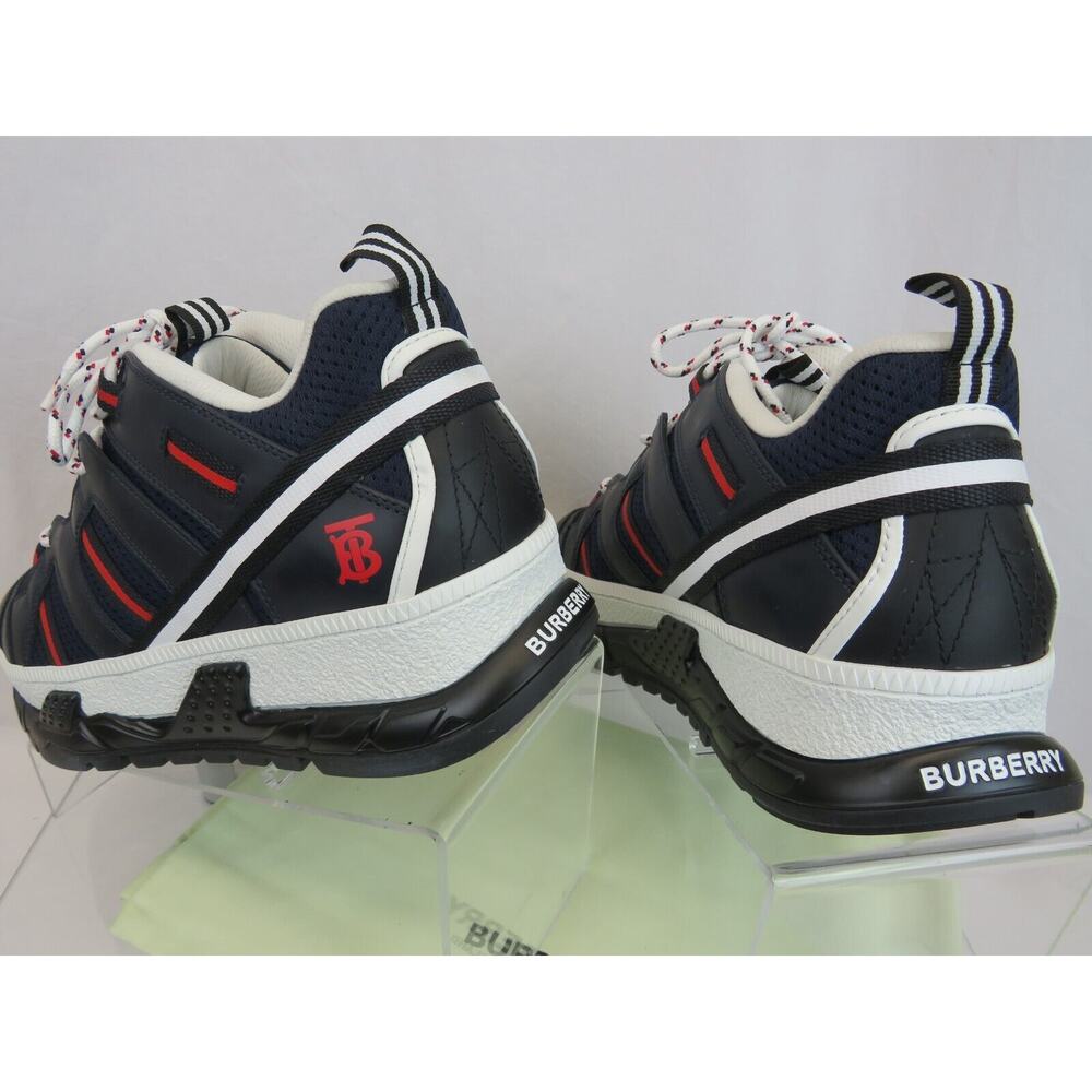 NIB BURBERRY UNION NAVY LEATHER MESH RED LOGO LOW TOP SNEAKERS 10 US 43 ITALY - Picture 7 of 12